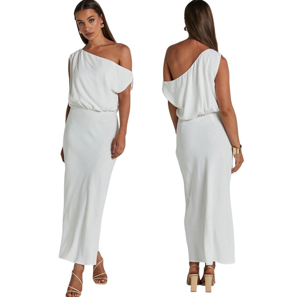 Showpo. Linen Blend One Shoulder Jacqueline Midi Dress in White size 0 NWT
